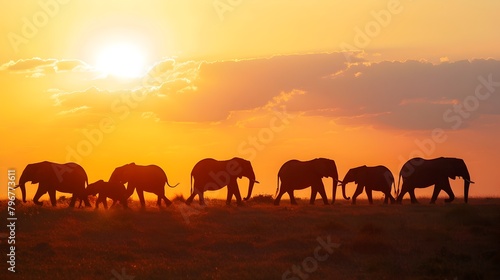 Safari Sunset Silhouette: Elephant Herd Roaming the Vast Grassland Horizon photo