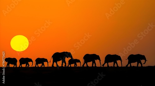 Graceful Giants on the Savanna Horizon  An Elephant Herd s Sunset Safari Walk