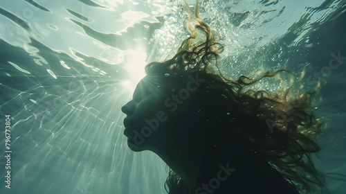 Serene Underwater Portrait of Ethereal Floating Woman in Meditative Solitude