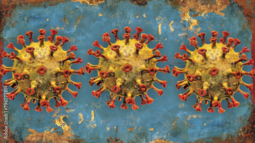 Three yellow and red viruses are shown on a blue background photo