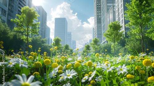 A field of yellow flowers with a city in the background