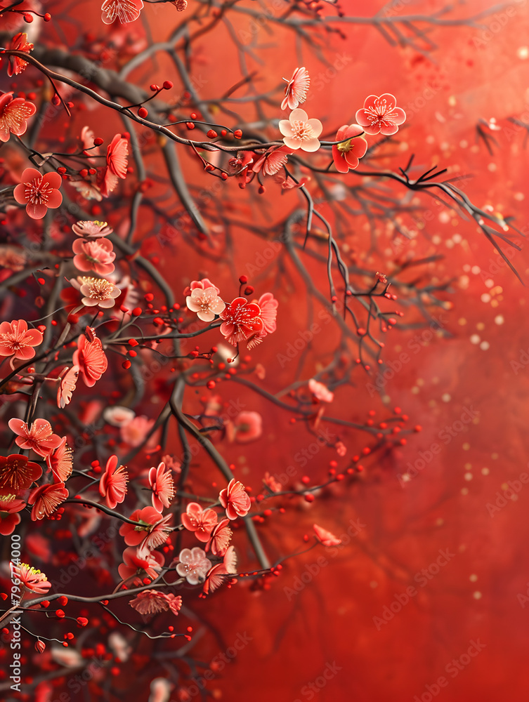 Deciduous tree with red flowers on orange background
