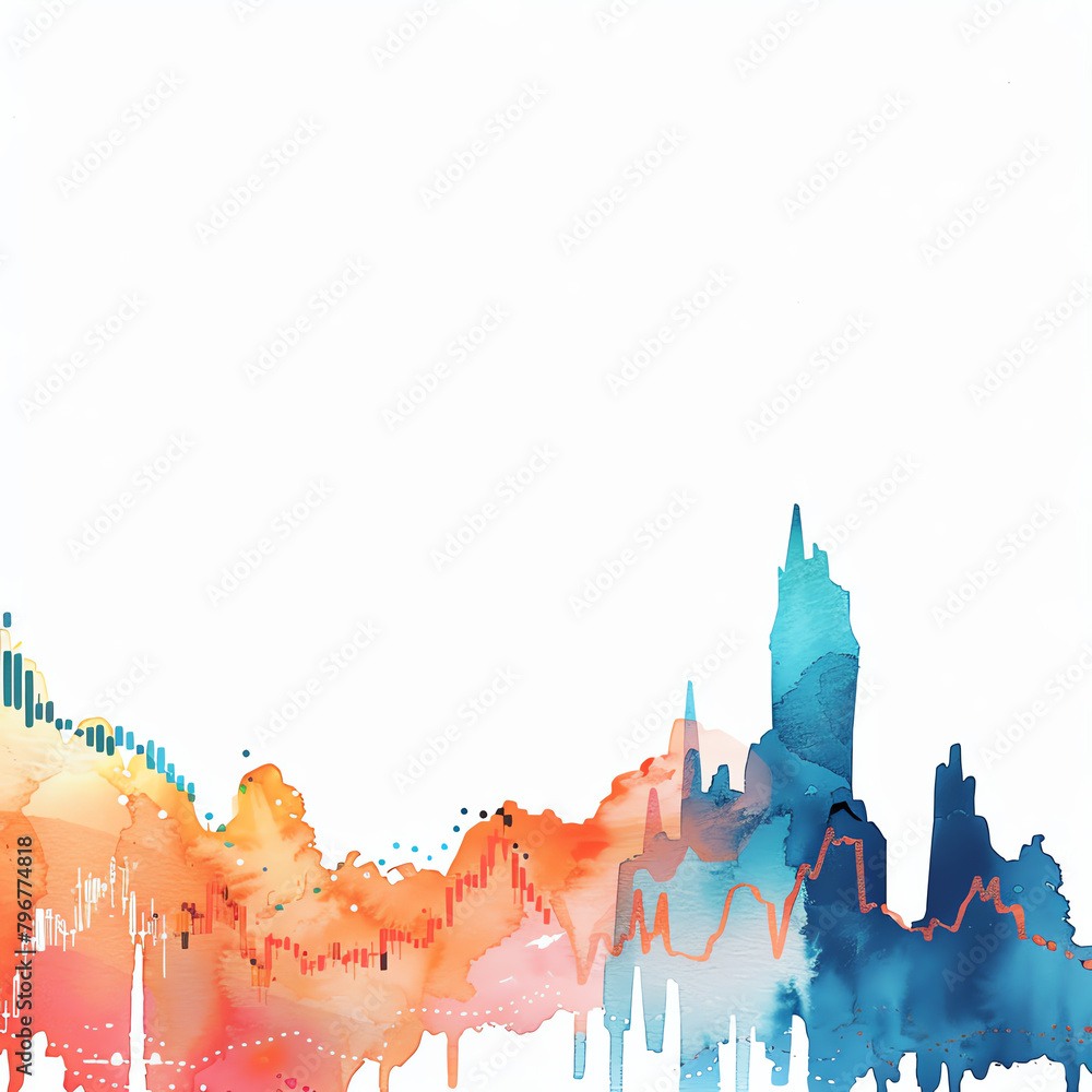Obraz premium Minimalistic watercolor illustration of a graph showing stock exchanges on a white background, cute and comical, with empty copy space.