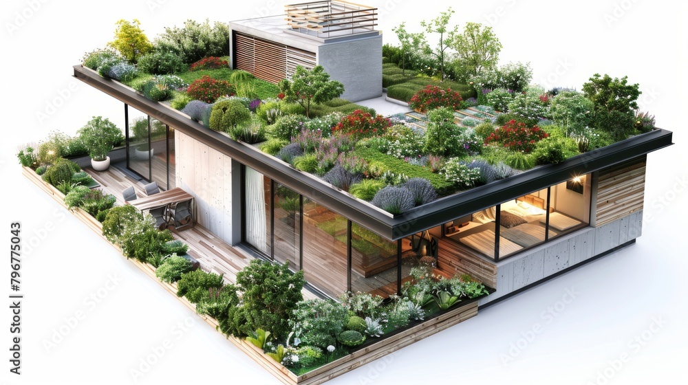 A house with a green roof and a balcony