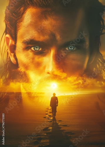 An impressive young man with blue eyes remembers walking on the beach, with warm colors, like double exposure photography, with sun rays, and a sunset sky. High resolution, like a book cover design. photo