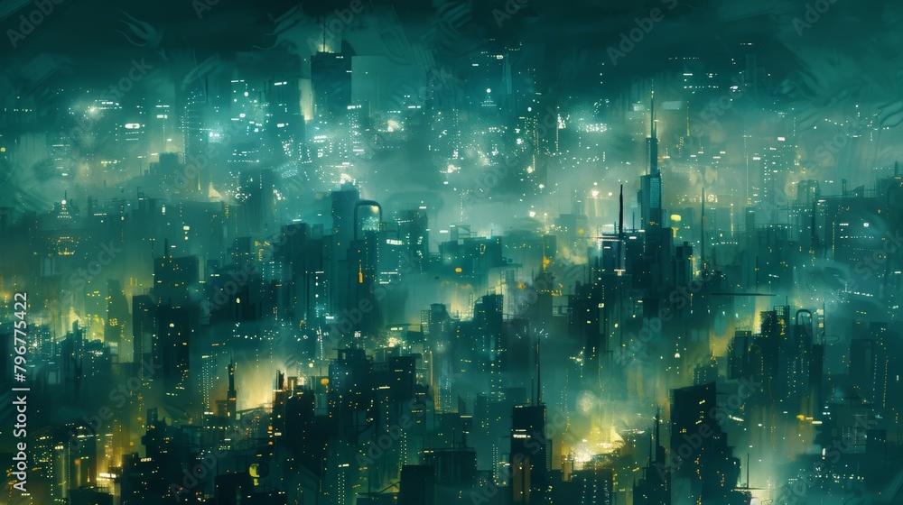 Eerie mist envelops contemporary city skyline, creating an atmospheric urban silhouette