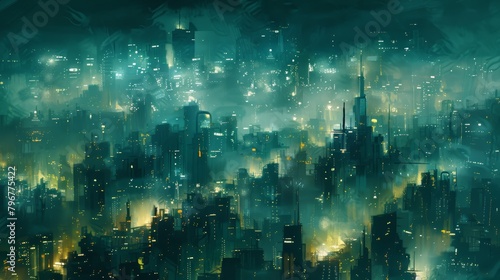Eerie mist envelops contemporary city skyline  creating an atmospheric urban silhouette