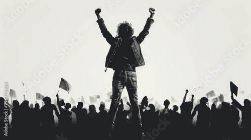 Silhouetted leader with arms raised triumphantly, inspiring a crowd of peaceful demonstrators in a unified stand for a cause. photo