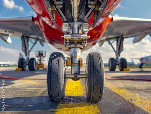 Close-up view of airplane landing gear with detailed hydraulics and tires on airport tarmac under clear skies.