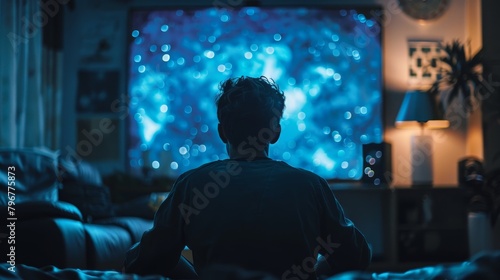 The back view of a man sitting alone in a dark room, engrossed in the glowing light of a television screen, creating an immersive atmosphere.