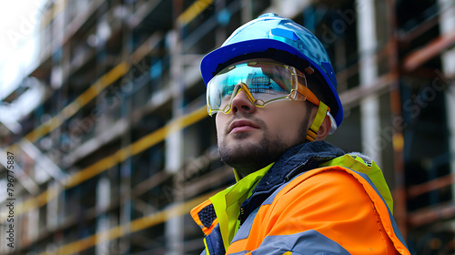 Safety in Focus A focused worker in protective gear adjusts his welding helmet amidst a backdrop of industrial activity, illuminated by the warm glow of sparks and ambient lights photo