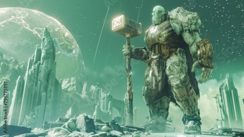 A towering titan with skin made of living stone and carrying a colossal hammer standing guard over a shiny crystalline orb that holds . .