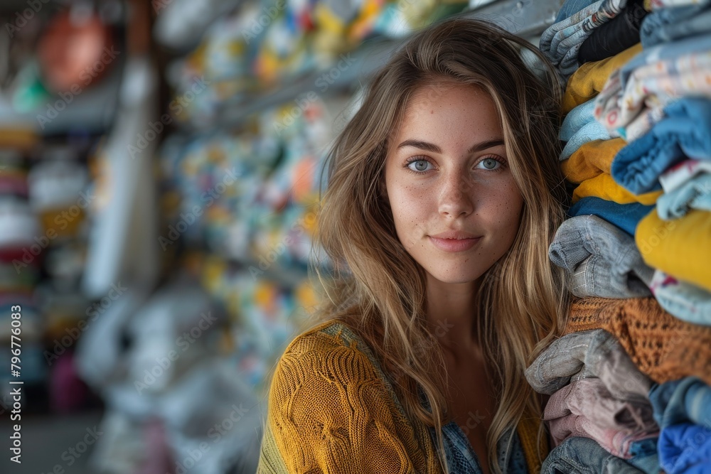 Serenely beautiful woman with a candid expression leaning on a stack of vividly colored fabrics Serenely beautiful woman with a candid expression leaning on a stack of vividly colored fabrics