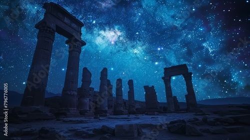 The ancient ruins of Persepolis at night with a starry sky background. photo