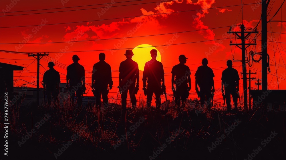 Fototapeta premium The image shows a group of people standing in a field, with a red sky in the background.