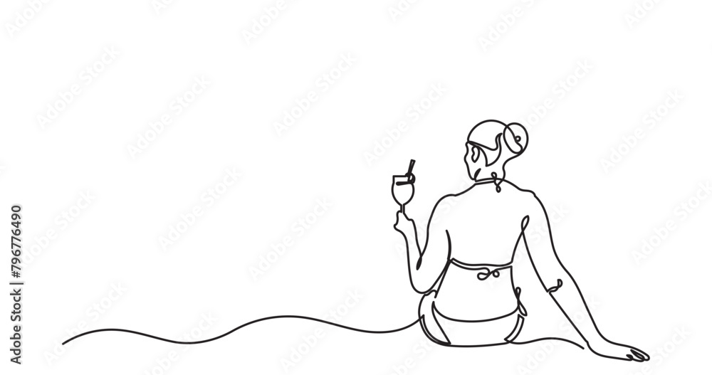 Continuous line drawing of a slender young woman sitting on the beach and holding a cocktail. Back view girl enjoys summer vacation. One-line drawing vector illustration. Continuous line drawing of a slender young woman sitting on the beach and holding a cocktail. Back view girl enjoys summer vacation. One-line drawing vector illustration.