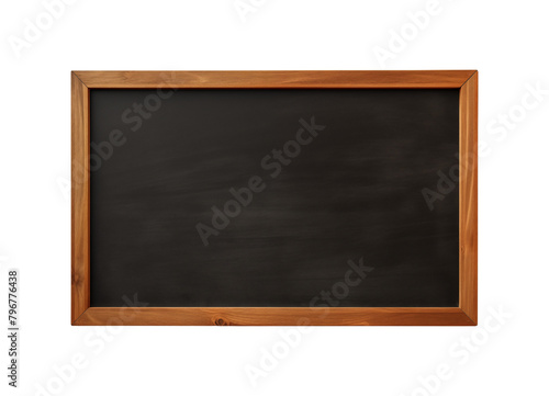 Blank blackboard in wooden frame isolated on transparent background, cut out or PNG