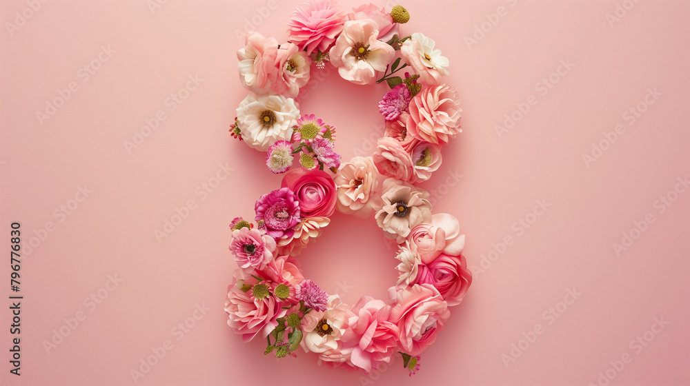 Overhead Floral Number Eight Composition. Overhead view of flowers forming number eight, perfect for Women's Day theme. Overhead Floral Number Eight Composition. Overhead view of flowers forming number eight, perfect for Women's Day theme.