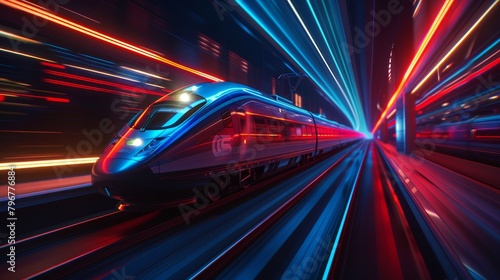 A high-speed train travels through a city at night, leaving a trail of light behind it.