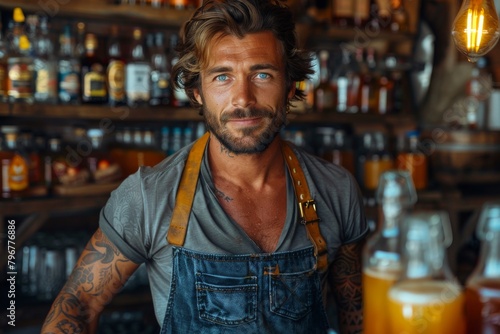 A focused bartender with blue eyes and a denim apron stands ready in a bar environment