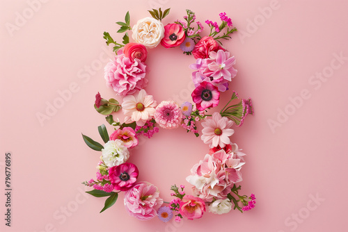 Flat Lay Floral Composition Number 8 on Pink. Overhead view of vibrant floral arrangement number eight on pink for celebrations.