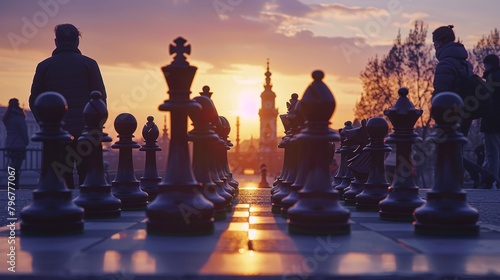 The setting sun casts long shadows over a chessboard, creating an eerie and beautiful scene.