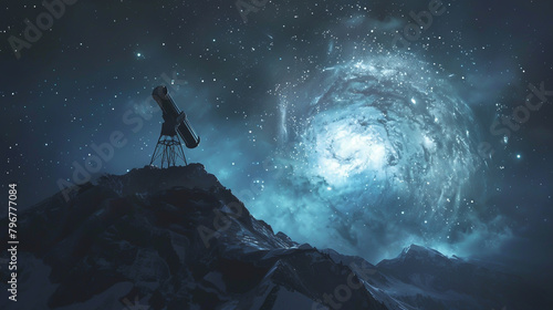 On a mountain summit, a lone telescope observes the emergence of a newborn star amidst photo