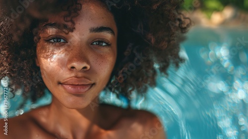 Portrait of black woman in swimming pool