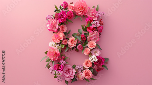 Flat Lay of Romantic Floral Arrangement Number 8 Shape. Overhead view of floral arrangement with pink roses on a pink background, perfect for celebrations.