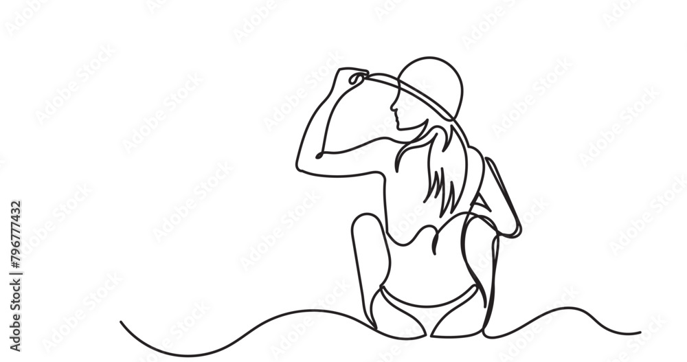 Continuous line drawing of a slender young woman sitting on the beach and hold hat. Back view girl enjoys summer vacation. One-line drawing vector illustration.