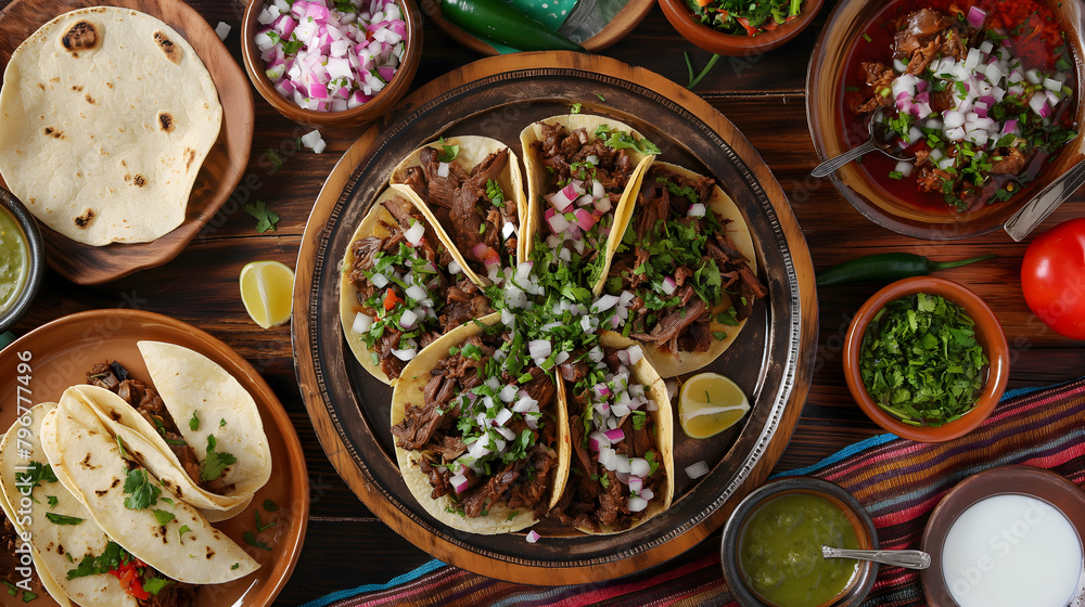 Authentic Mexican Tacos and Traditional Side Dishes Spread on Wooden Table Authentic Mexican Tacos and Traditional Side Dishes Spread on Wooden Table