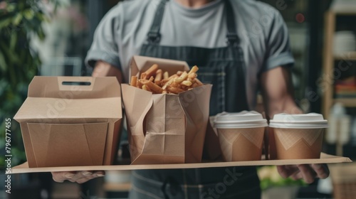 Closeup delivery man is carrying diverse of food paper containers for takeaway. AI generated image