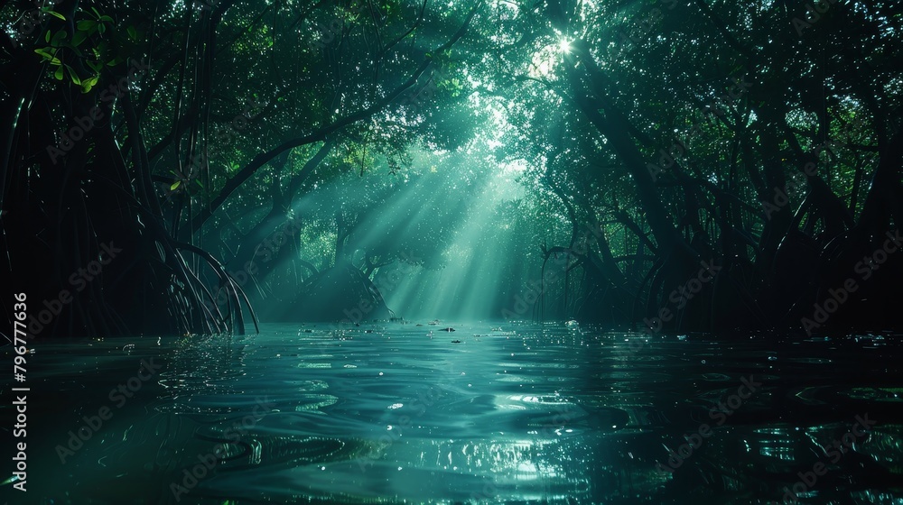 The sun shines through the trees over the water in the jungle