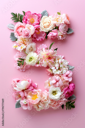Top View Floral Number Five. Top view of floral number 5 with pink flowers, ideal for wedding invites.