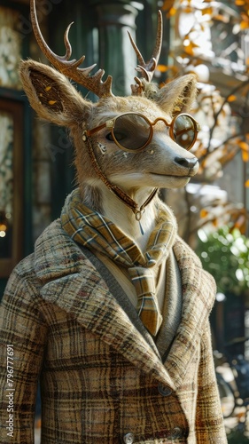 Graceful deer roams city streets in refined attire, embodying street style with elegance.