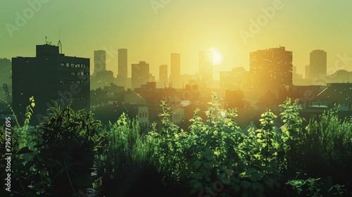 The warm glow of the setting sun casts a golden haze over the urban landscape, painting a tranquil scene of harmony between nature and the city.