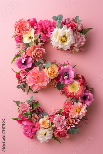 Top View Vibrant Number 5 Floral Arrangement. Top view of a vibrant floral arrangement shaped as the number 5, ideal for birthdays and celebrations.