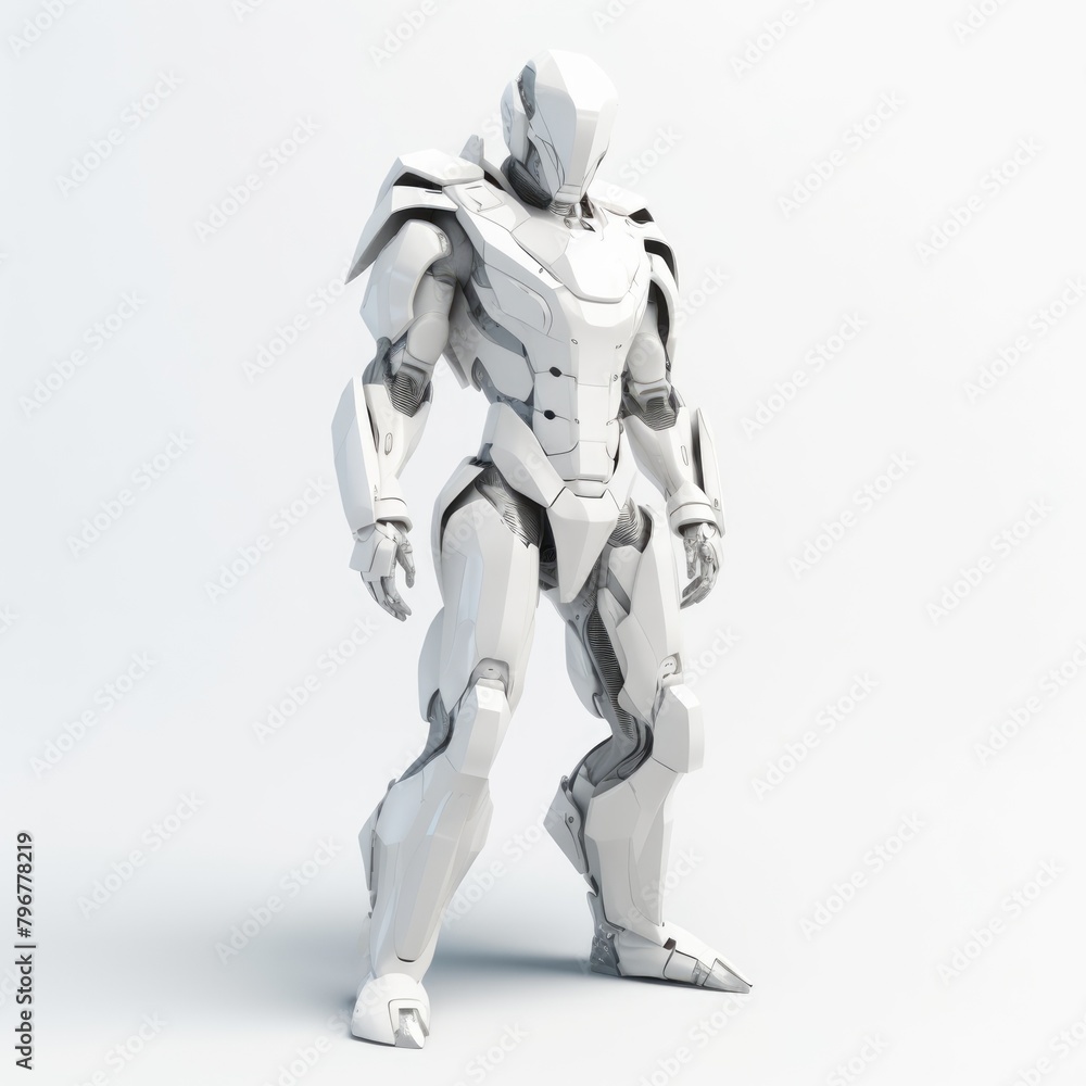 A portrait minimalist 3D character in Notion style, with a futuristic outfit and robotic features, standing on a white background, AI Generative