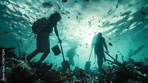 Three silhouettes of scuba divers cleaning up the ocean floor.