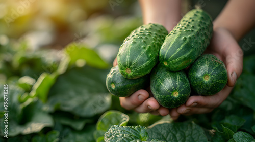 Freshly Harvested Cucumbers Cradled in Farmer s Hands