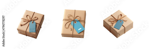 Set of Brown paper package with blue gift blank tag, illustration, isolated over on transparent white background © Mithun