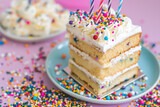 Colorful Sprinkles Decorating a Delicious Frosting Covered Cake on a Stand