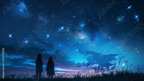 Two friends are standing in a field, looking up at the night sky. The sky is full of stars, and the Milky Way is clearly visible. photo