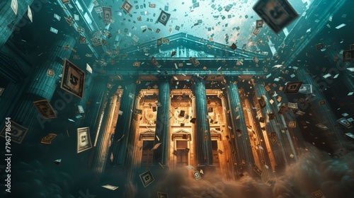Craft a visually captivating scene of financial prosperity with a bank as the focal point