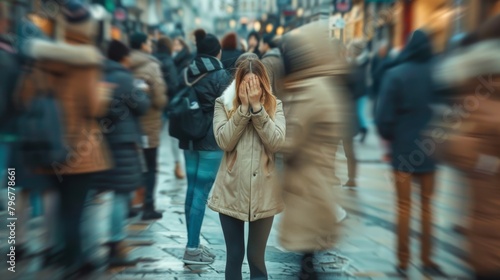 Woman Overwhelmed in Busy Street photo