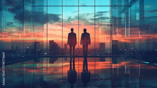 Two businessmen looking at the sunset from the top floor of a skyscraper.