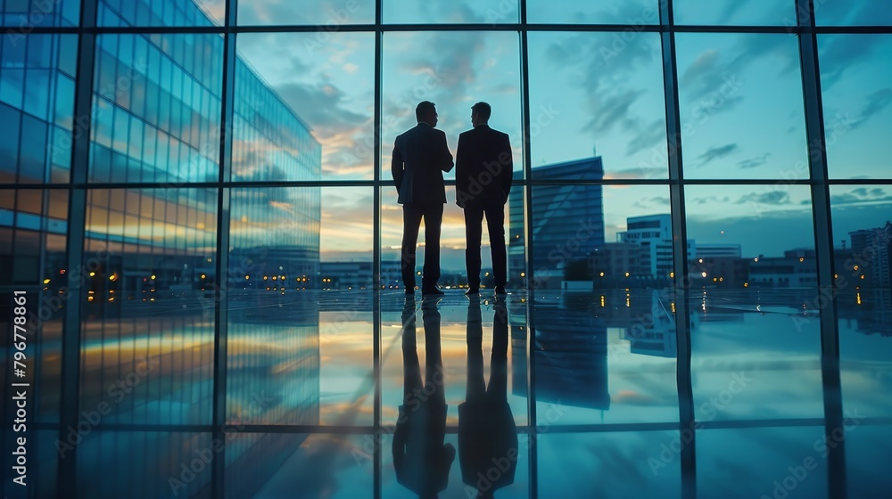 Two businessmen standing in a modern office and looking at the city through the window. Two businessmen standing in a modern office and looking at the city through the window.