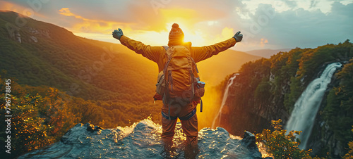 Symbolic Journey of Dream Loss Overcoming, Happy man with arms up jumping on the top of the waterfall, Inspirational Concept for Adobe Stock.