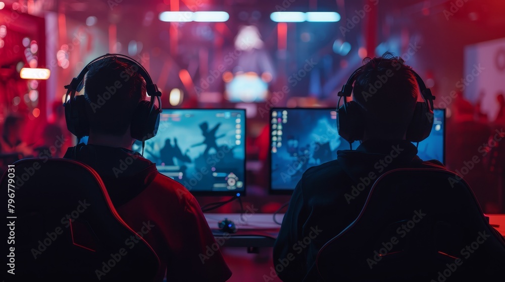 Two gamers sit in a dark room, their faces lit up by the screens of their computers.