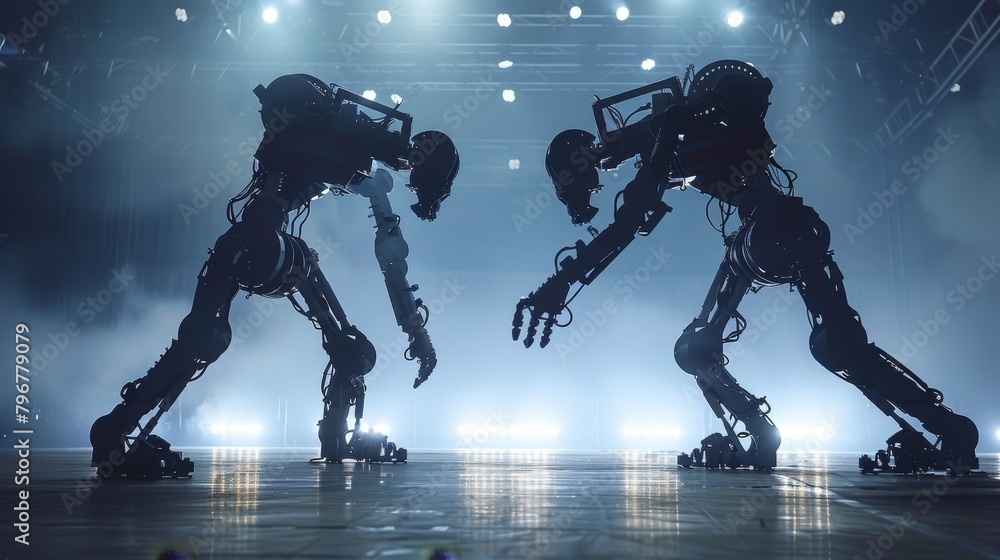 Two humanoid robots facing each other, spotlights in the background Two humanoid robots facing each other, spotlights in the background